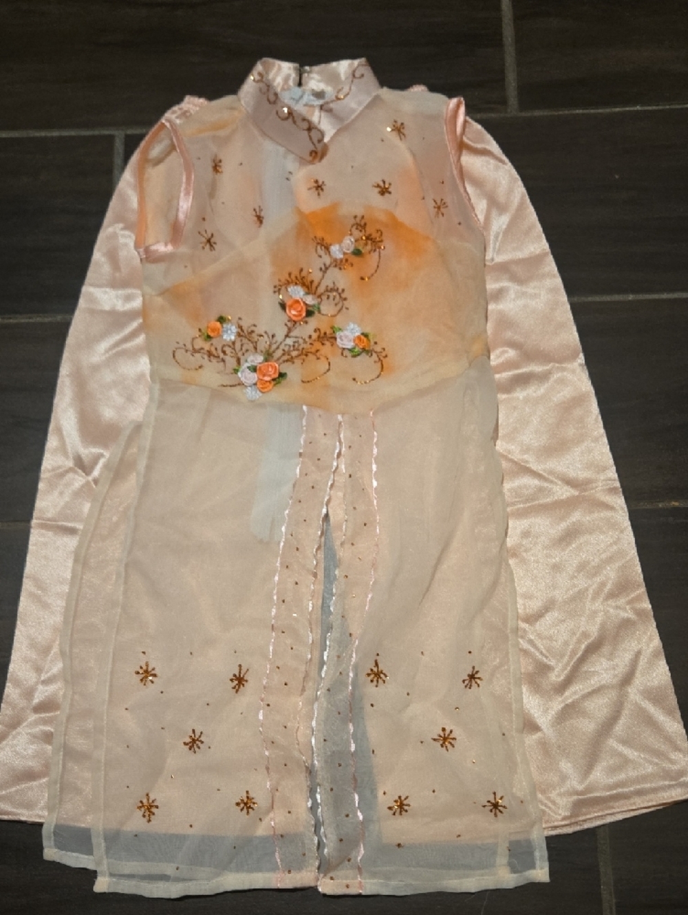 Kids Asian Style Peach Floral Embroidered Sheer Tunic & Satin Pants Set NWOT - Picture 7 of 7